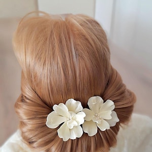 Ivory Flower Hair Pins (Set of 2): Handmade Polymer Clay Bridal Accessories