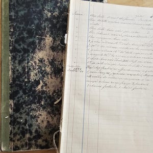 Könnte beinhalten: Ein offenes antikes Notizbuch mit handschriftlichen Einträgen und einem marmorierten Einband. Die Seiten sind mit blauen und roten Linien liniert, und der Text ist in verblasster Tinte. Der Einband ist dunkelgrün und schwarz mit einem Marmormuster.