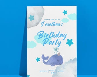 Whale 1st Birthday Invitation: Ocean Theme, Editable Canva Template (Digital Download)
