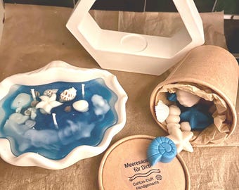 Meereskerzen-Set „Fresh Cotton & Sea Salt“ handgegossene Meereskerze, Duftmelts und Keramik | maritime Deko