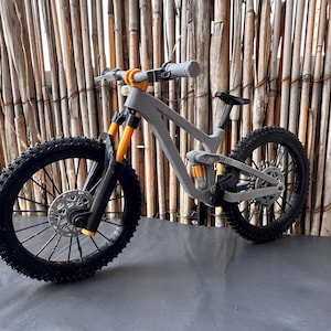 Könnte beinhalten: Ein graues und schwarzes Mountainbike mit orangefarbenen Akzenten. Das Fahrrad hat dicke, profilierte Reifen, Scheibenbremsen und ein Federungssystem. Der Lenker und der Sattel sind schwarz. Der Hintergrund ist ein Bambuszaun.
