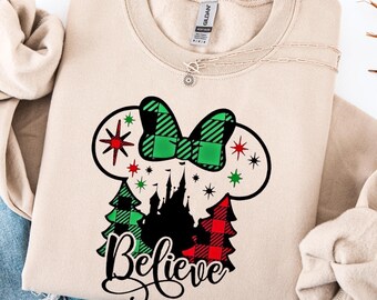 Camiseta navideña de Disney Believe, camisetas navideñas familiares, camiseta navideña de Disneyland, camiseta navideña de Mickey, camiseta navideña de pareja de Disney