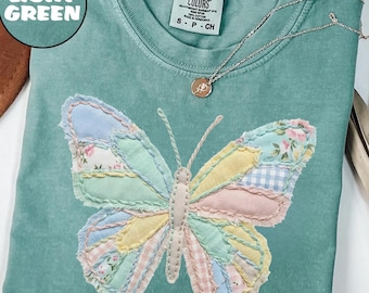 Chemise papillon imitation patchwork Comfort Colors®, Chemises papillon printanières, Chemises de Pâques pour femme, Patchwork floral printanier, Cadeaux pour elle
