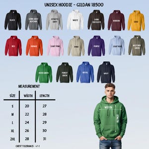 May include: A selection of Gildan 18500 unisex hoodies in various colors, including black, white, and navy. The image displays a measurement chart with sizes ranging from S to 2XL, with width measurements from 20 to 28 inches and lengths from 27 to 31 inches.