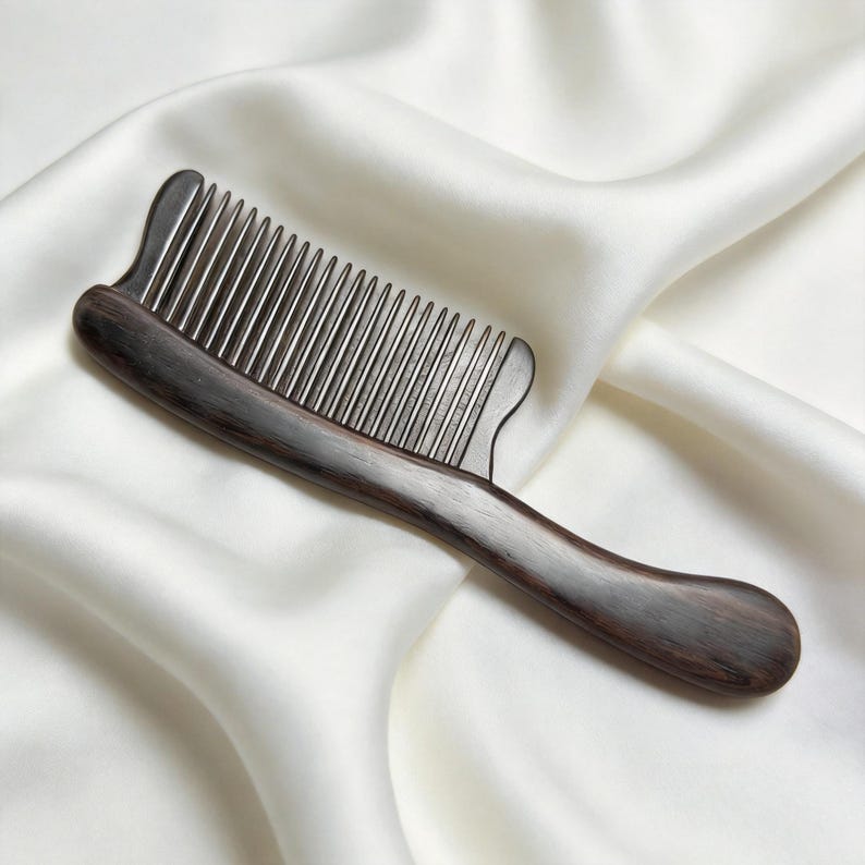 May include: A dark brown wooden comb with fine, silver-colored teeth. The comb has a curved handle and a smooth, polished finish. The comb is designed for hair care and grooming.