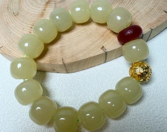 Pulsera de jade amarillo miel / Cuenta de ágata roja y baño de oro