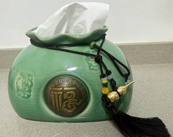 Green or white Crackle Glaze Ceramic Tissue Box Cover: Copper Gourd Feng Shui Decor