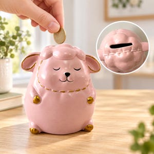 May include: A pink ceramic money box shaped like a sheep with closed eyes, a small black nose, and gold-painted accents on the ears, hooves, and wool texture. A coin slot is visible on the top of the sheep's head in a circular inset view.
