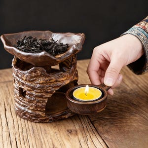 May include: A brown ceramic tea warmer with a leaf-shaped tray holding loose tea leaves. A small candle holder with a lit candle is held nearby. The warmer has a textured, rustic design, and sits on a wooden surface.