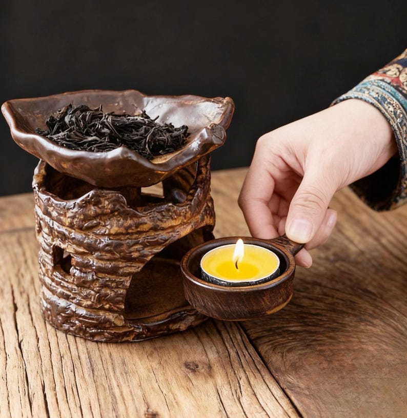 May include: A brown ceramic tea warmer with a leaf-shaped tray holding loose tea leaves. A small candle holder with a lit candle is held nearby. The warmer has a textured, rustic design, and sits on a wooden surface.