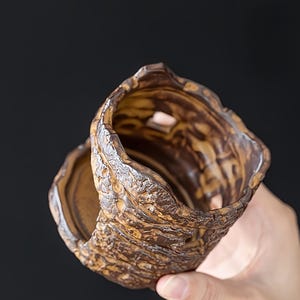May include: A handcrafted, textured ceramic cup with a unique, organic design. The cup features a brown and tan color palette with a rough, bark-like exterior. The interior is smooth, contrasting the exterior's texture. The cup is held in a hand.