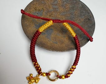 Year of the Horse Bracelet| Handwoven Adjustable Cord |Cloud Pattern Ring & Gilded Horse Charm