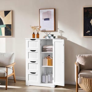 May include: A white wooden storage cabinet featuring four vertical drawers with cutout handles on the left side and a single door on the right side that opens to reveal three interior shelves holding folded towels and various clear plastic bottles.