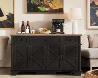 Farmhouse Buffet Cabinet, Black Sideboard with Drawers, Adjustable Shelves, Coffee Bar Storage