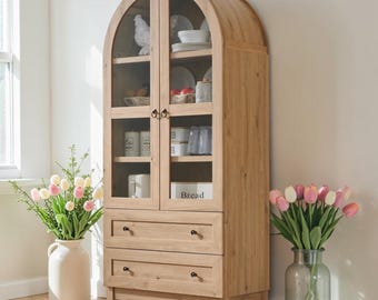 71" Arched Farmhouse Pantry, Natural Wood Storage Cupboard, Glass Door Kitchen Organizer, 2 Drawer Dining Room Cabinet