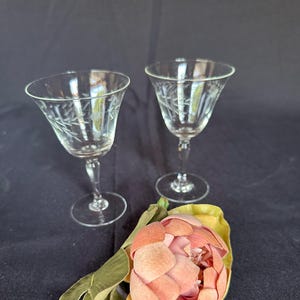 Set of 2 1950s Stemmed Cordial Glasses - Etched Dot & Leaf Pattern