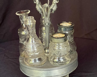 Antique 5 Piece Silver Glass Cruet Condiment Set