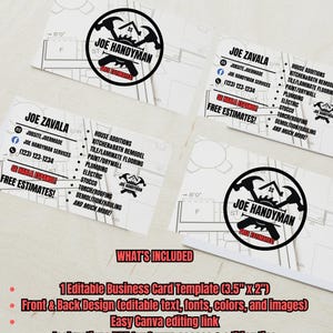 Op de afbeelding: Visitekaartjessjabloon voor Joe Handyman, met een cirkelvormig logo met hamers en een huissilhouet. De kaart bevat contactgegevens, aangeboden diensten en de zin "Free Estimates!" in het Engels en Spaans. De sjabloon is 8,89 cm x 5,08 cm groot.