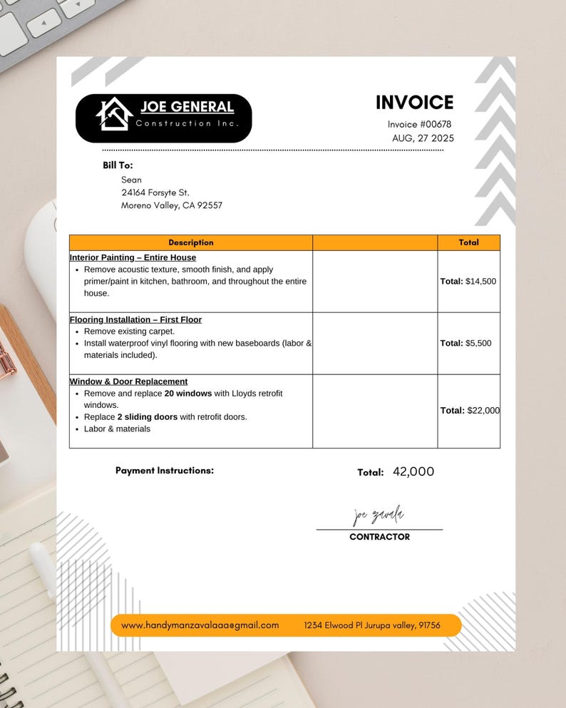 Editable Invoice Template Canva | Contractor & Service Bill | Business ...