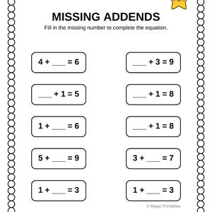 10 Printable Missing Addends Worksheets 0-20: Math Printables for Kids (PDF)