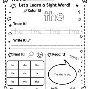 Puede incluir: Hoja de trabajo en blanco y negro para aprender la palabra "the". Incluye trazar, escribir y encontrar la palabra en una cuadrícula. Presenta la frase "The dog is big." y estrellas y crayones decorativos.