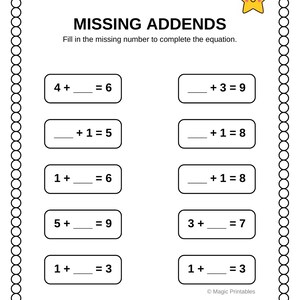 10 Printable Missing Addends Worksheets 0-20: Math Printables for Kids ...