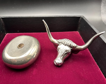 1970s Silverplate Pebble Pen Holder, Gorham Silverplate Longhorn Bull Paperweight