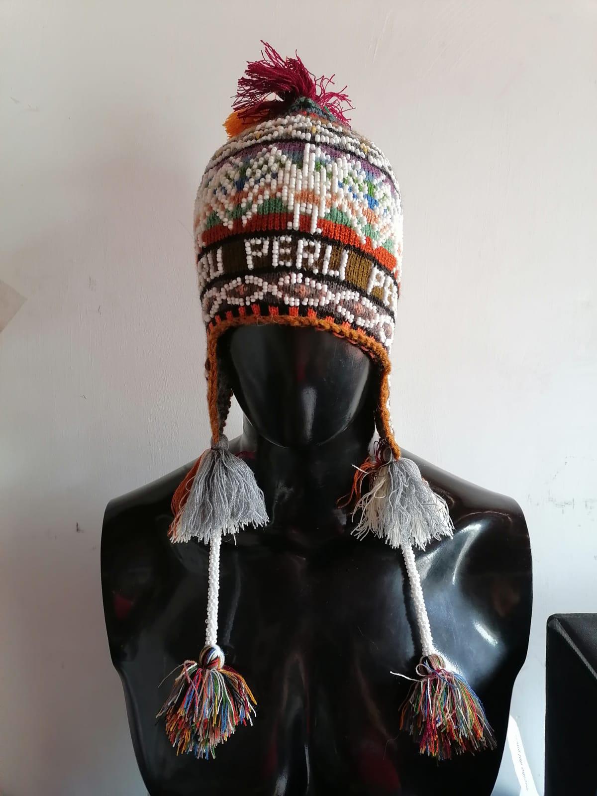 Unisex Chullo Knitted Wool Multicolored Beads Winter Genuine peruvian hat | Peruvian Chullo with beads Pom Pom  main image 4