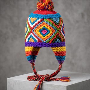 Cappello chullo andino lavorato a mano – Multicolore con motivi geometrici e paraorecchie