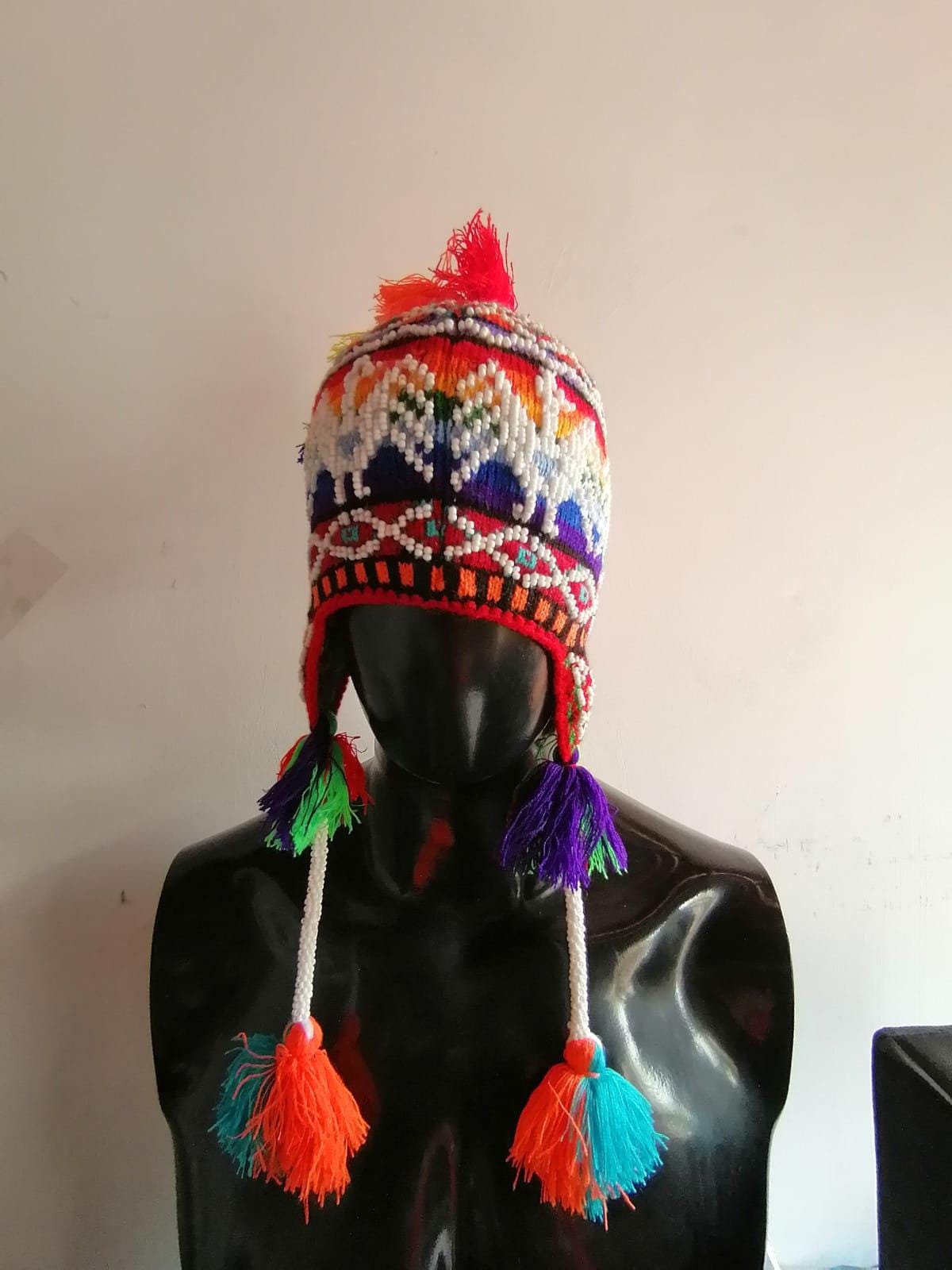 Unisex Chullo Knitted Wool Multicolored Beads Winter Genuine peruvian hat | Peruvian Chullo with beads Pom Pom  main image 2