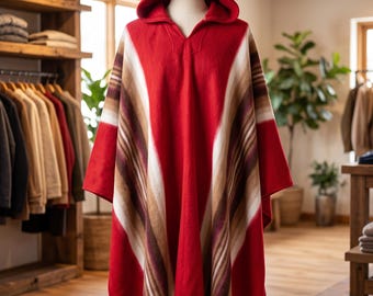 Traditionele warme winterponcho van Andes-alpacawol met capuchon – rood