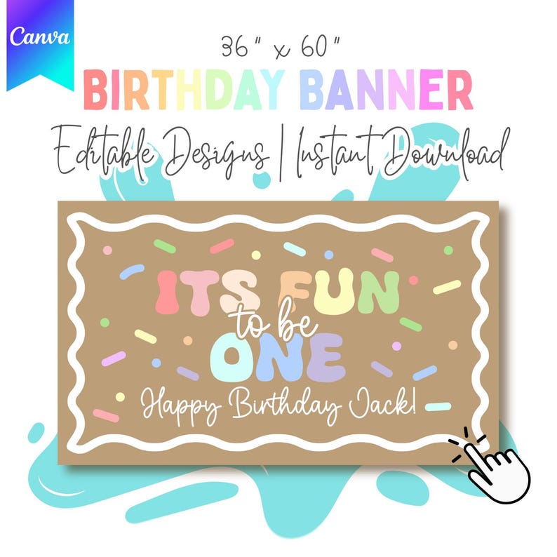 May include: A rectangular birthday banner with the text "BIRTHDAY BANNER" in pink and green. The banner is 91 x 152 cm and features the phrase "ITS FUN to be ONE" with colorful sprinkles and the text "Happy Birthday Jack!"