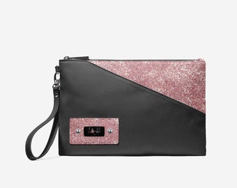 Handmade Italian Leather Handbag, Designer Rose Gold Sparkle Clutch, Small Luxury Wristlet for Women, Evening Bag Accessory, Gift for Her