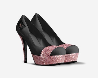 Italian Leather Platform Stilettos: Rose Gold Glitter, Black Stripe Designer Heels