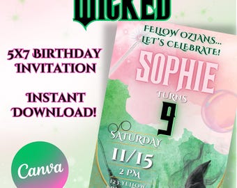 Wicked Inspired Birthday Invitation | Emerald Green Musical Theatre Party Invite | Oz Inspired Digital Download | Tween & Teen Birthday
