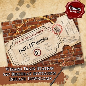 May include: A printable 5x7 inch birthday invitation featuring a vintage train ticket design with the text "Hogwarts Express" and "Nola's 11th Birthday". The ticket is set against a brick wall background with a golden glow.