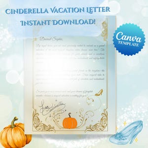 Carta de Revelação de Viagem de Princesa Inspirada na Cinderela | Modelo Editável do Canva | Carta Surpresa de Férias Mágicas