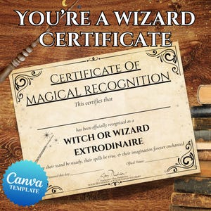 May include: A certificate of magical recognition with the text "You're a Wizard Certificate" on a wooden background. The certificate reads "Witch or Wizard Extroinaire". A wand and books are also visible.