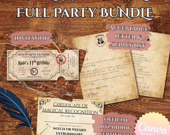 Wizard School Party Bundle – Printable Magic Academy Kit (Invitation, Acceptance Letter & Wizard Certificate)  Instant Editable PDF