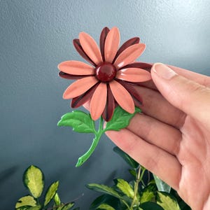 Vintage Enamel Flower Brooch - Red, Peach - Mod Floral 60s Pin