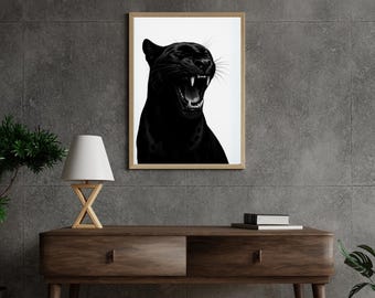 Black Panther Poster – Black and White Hyperreal Animal Art Print, Bold Fashion-Inspired Wall Decor, Digital Download