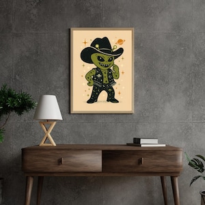 Retro Green Alien Cowboy Wall Art – Cosmic Space Outlaw Printable | Vintage Sci-Fi Creature Poster for Western Decor