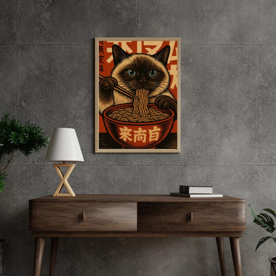 Chubby Siamese Cat Ramen Poster – Vintage Japanese Noodle Art – Retro ...