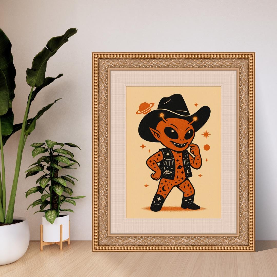 Retro Alien Cowboy Wall Art Print – Cosmic Space Outlaw Poster | Orange ...