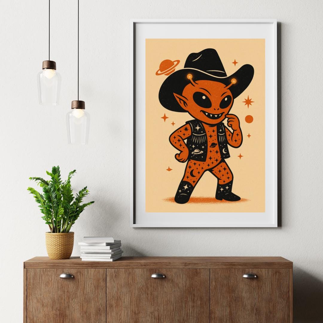 Retro Alien Cowboy Wall Art Print – Cosmic Space Outlaw Poster | Orange ...