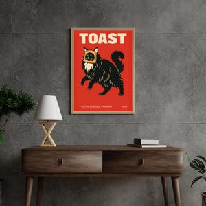 Funny Maine Coon Cat Toast Poster – Quirky Cat Wall Art, Bold Red Printable, Cats Doing Things Series #004, Digital Download