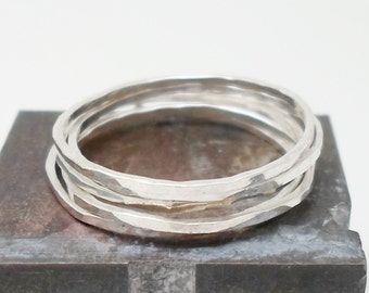 Set of 5 Hammered Sterling Silver Stacking Rings - Faceted, Skinny Bands - 20x5