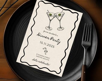 May include: A white invitation card with black border and a wavy design. The card features a hand-drawn illustration of two martini glasses with olives. The text on the card reads "You're invited to a Dinner Party 15.11.2025 21 Shaken Street, Martini Heights Let's celebrate!"