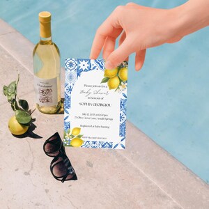 Mediterranean Lemon Baby Shower Invitation | Amalfi Tile Baby Shower Template | Blue and Yellow Printable Invite | Editable Canva Download