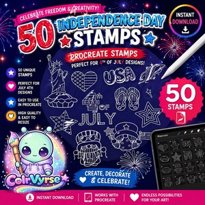 May include: Digital stamp set for Independence Day, featuring 50 unique designs. Includes illustrations of the Statue of Liberty, stars, hearts, and the text "USA" and "4th of July". The image also includes the text "Celebrate Freedom & Creativity!"